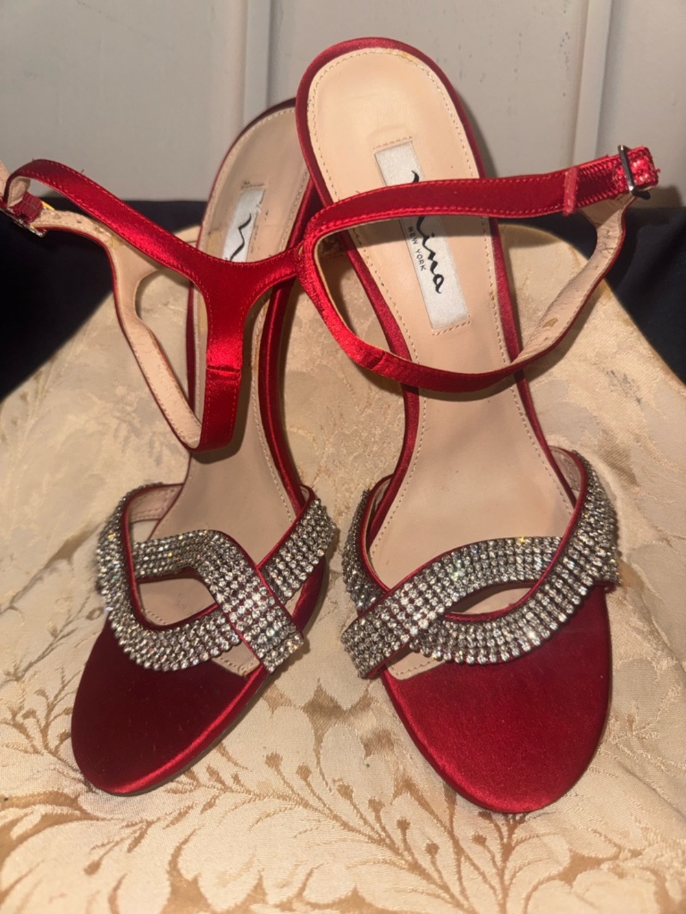 Nina Red Satin Stiletto Heels w/ Crystal Straps - Picture 3 of 5
